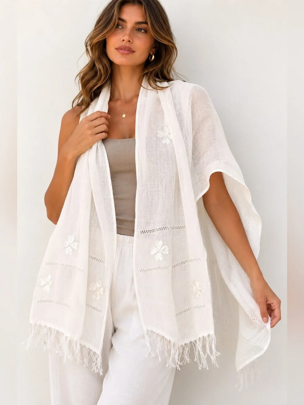 Vintage 1980s Romanian 100% Cotton Embroidered White Shawl Scarf NWT